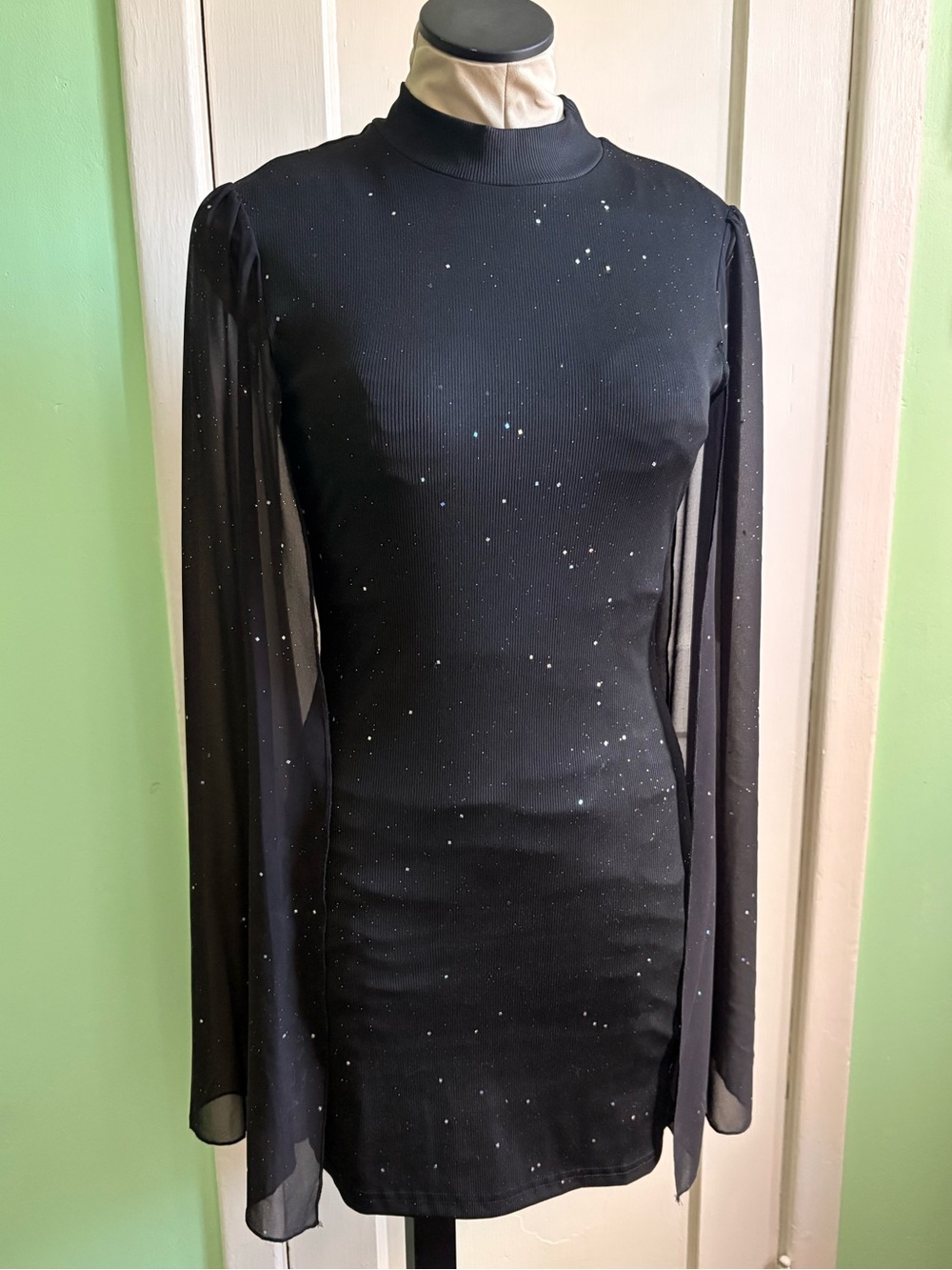 Black Sparkle Wing Sleeved Mini Dress